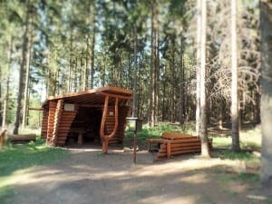 Houten hut met zitgedeelte in het bos