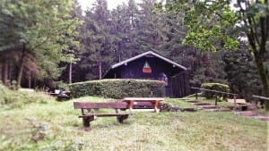 Cabane confortable dans la forêt avec des bancs et des tables