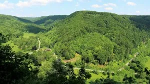 Green valley with wooded hills and country road