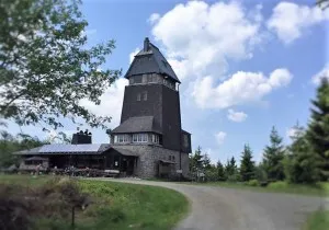 Historic observation tower in the countryside with restaurant