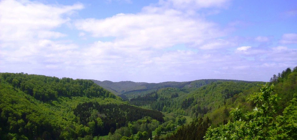 Grüne Hügel Landschaft unter blauem Himmel