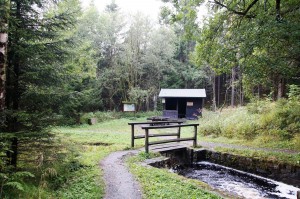 Waldhütte mit Bach und Holzbrücke im Grünen