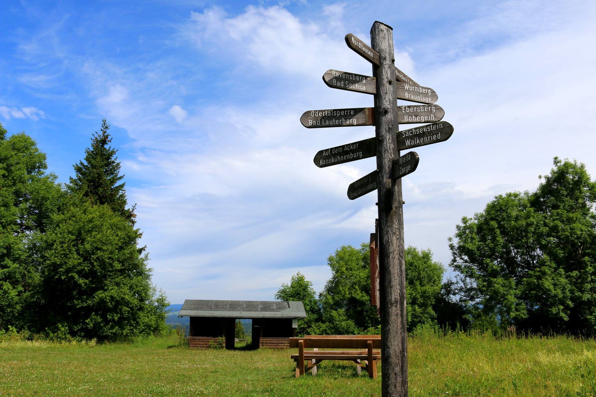 Wegweiser auf Wiese mit Bäumen und Hütte