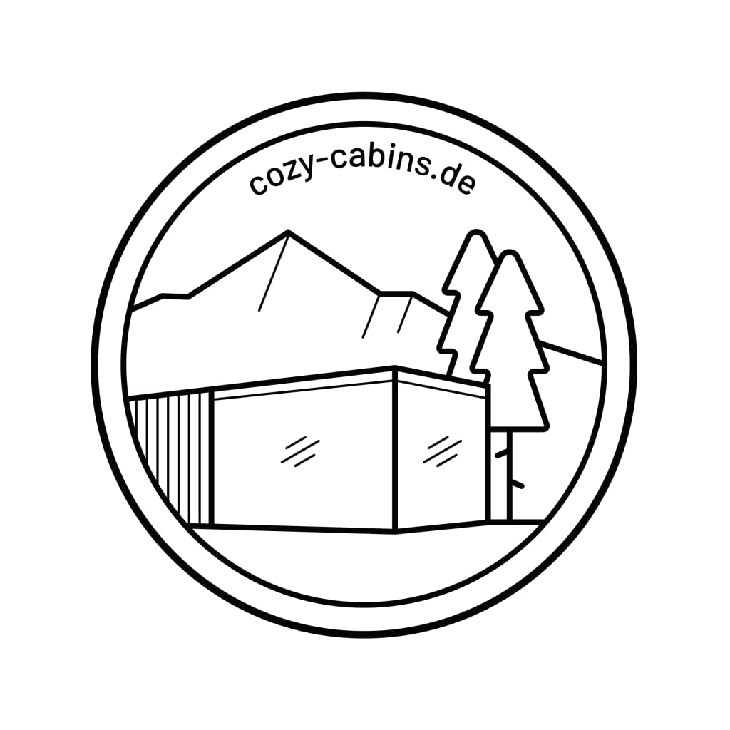 Moderne Hütte mit Bergen und Bäumen Logo